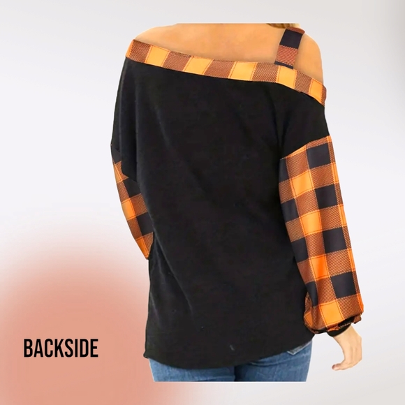 Women's Stylish Casual Black and Orange Plus Size One Shoulder Long Sleeve Top ! - Picture 4 of 12